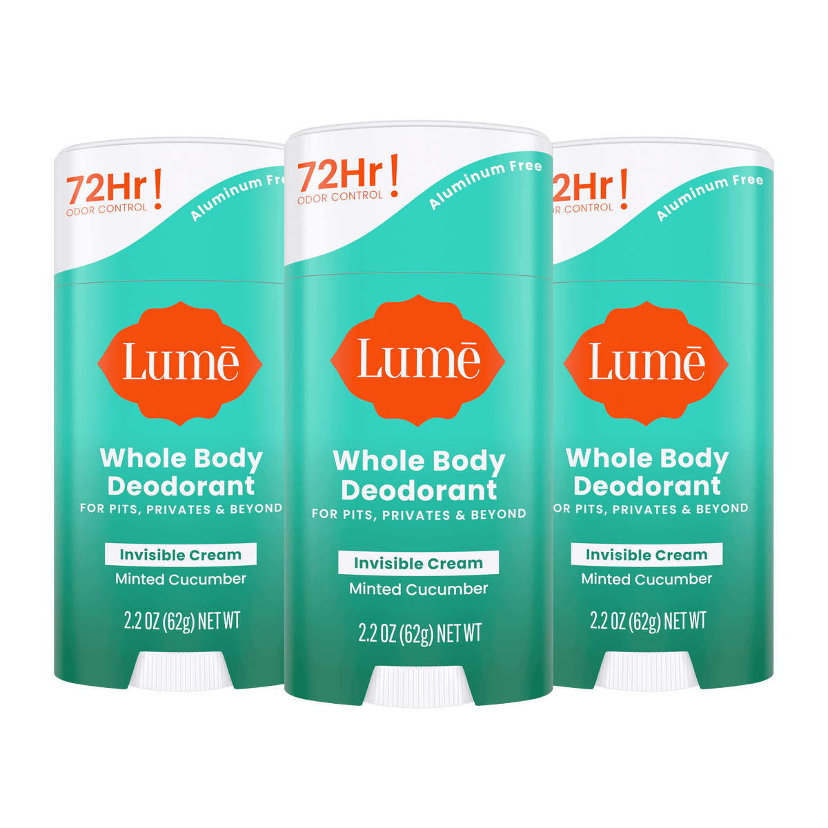 Three green Lume cream deodorant sticks in the scent Minted Cucumber