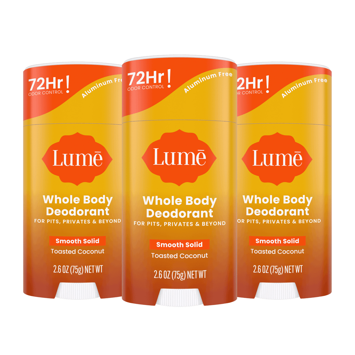 3 orange stick deodorants in the scent Toasted Coconut