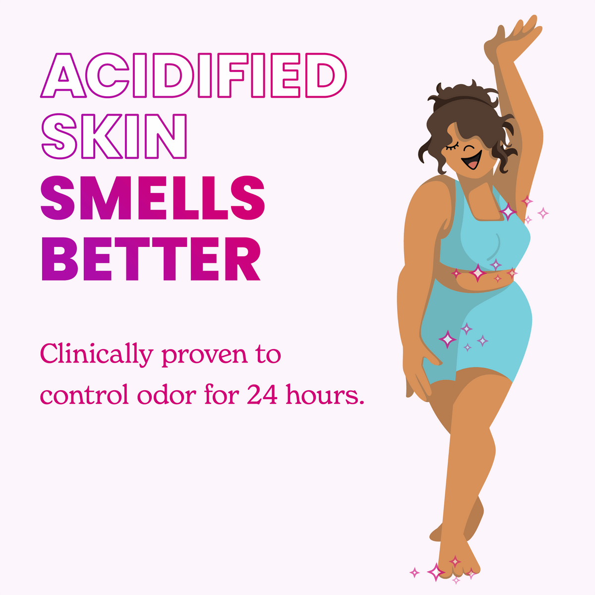Drawing of a woman and text: Acidified Skin Smells Better. Clinically proven to control odor for 24 hours.