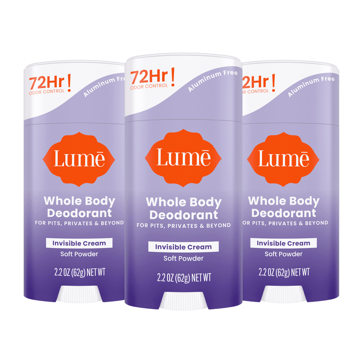 Three purple Lume cream deodorant sticks in the scent Soft Powder