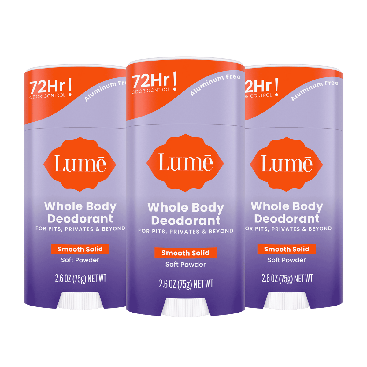 3 purple stick deodorants in the scent Soft Powder