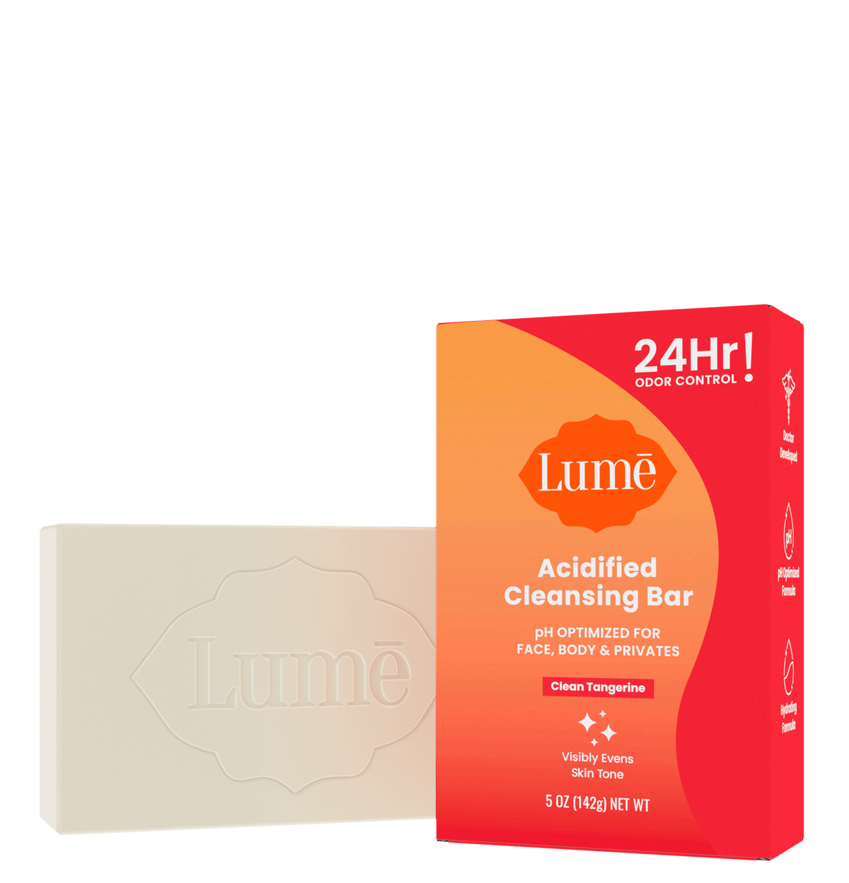 Lume cleansing bar. The packaging says "PH optimized for face, body, and privates. Visibly evens skin tone."
