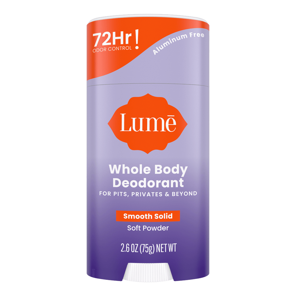 Purple and orange Lume soft powder scented solid deodorant stick