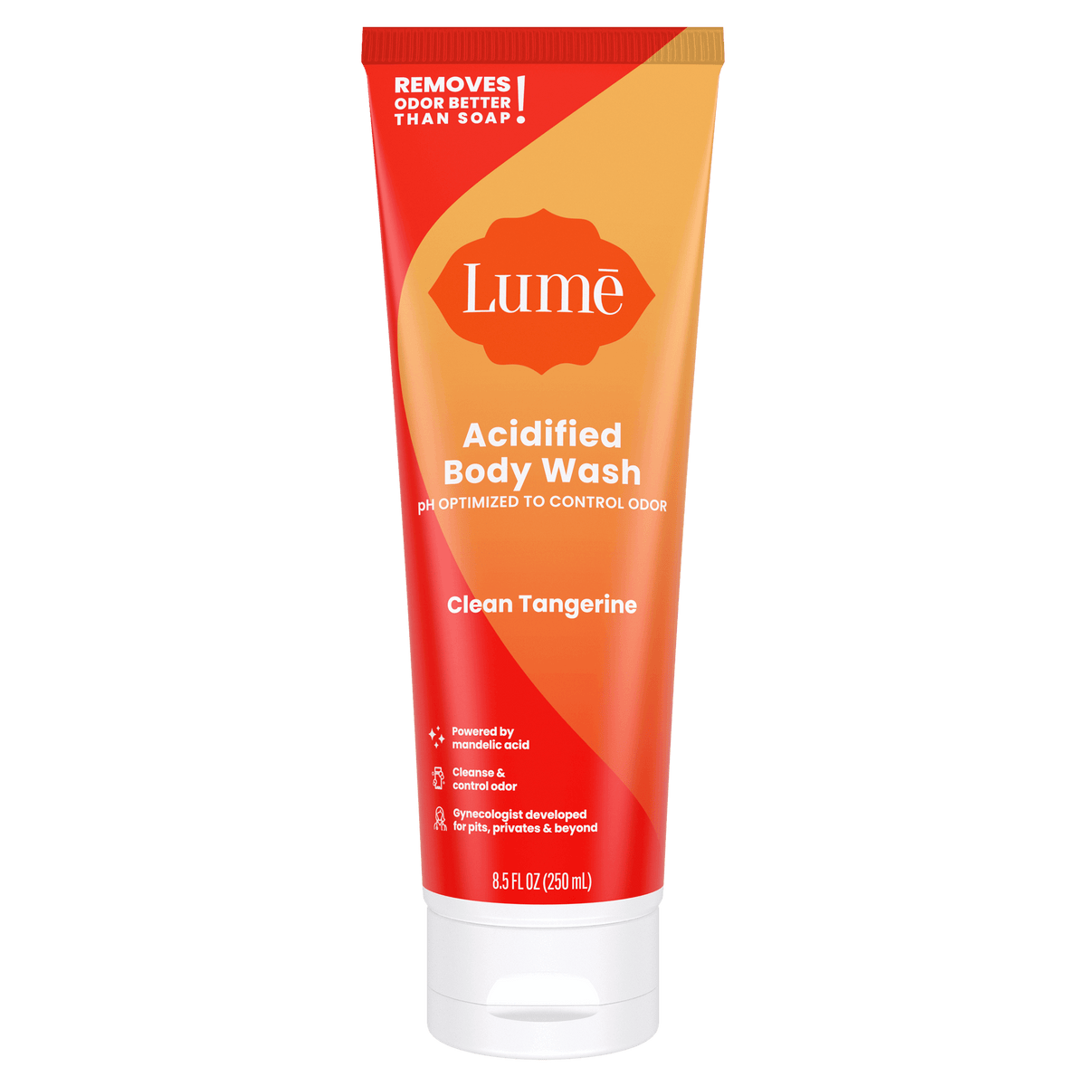 Orange Lume clean tangerine acidified body wash against a white background