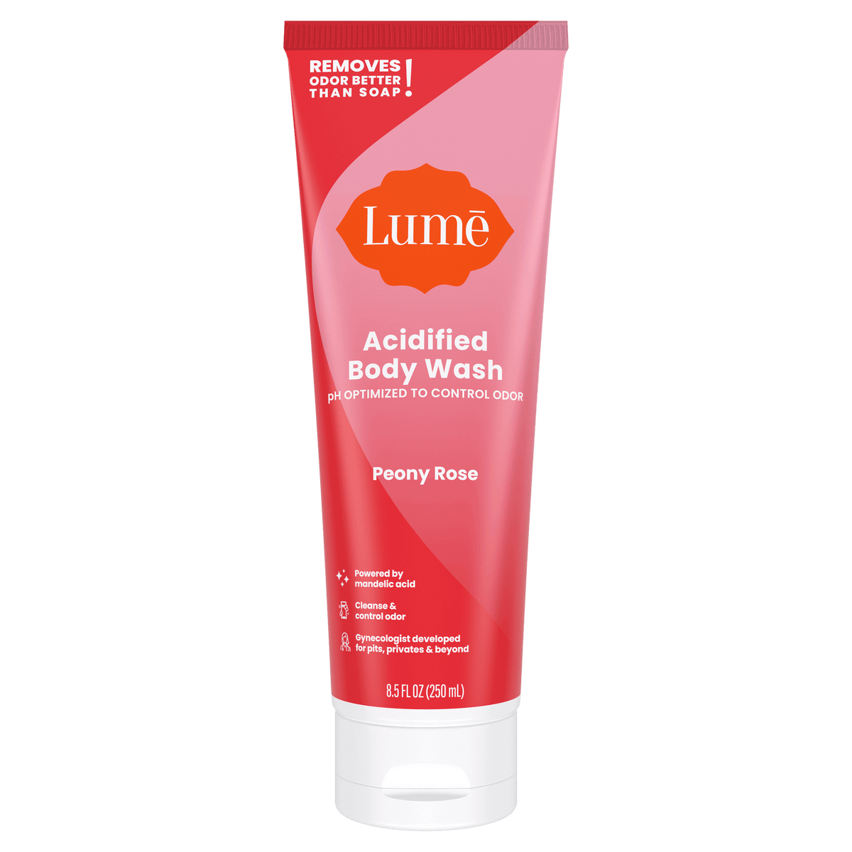 Pink Lume peony rose scented acidified body wash against a white background