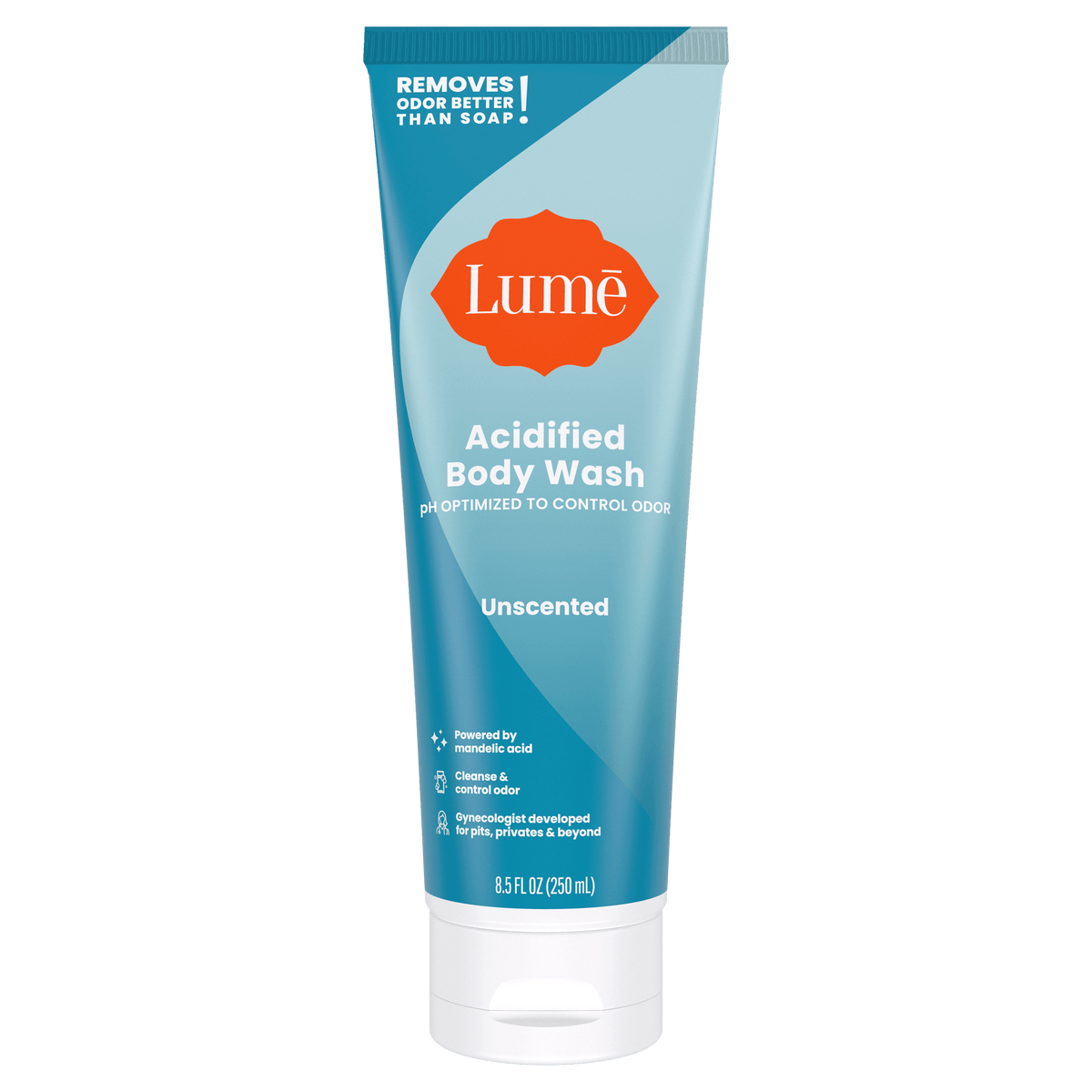 Light blue Lume unscented acidified body wash against a white background
