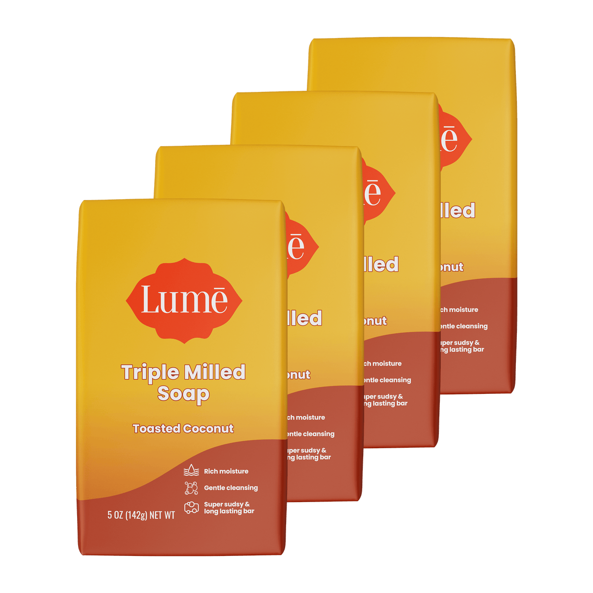 Four overlapping bars of soap in the scent Toasted Coconut